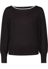 Schwarzer Pullover mit Rundhalsausschnitt, weißer Borte, langen Puffärmeln sowie gerippten Bündchen und Saum. Weicher Stoff und einfaches Design.