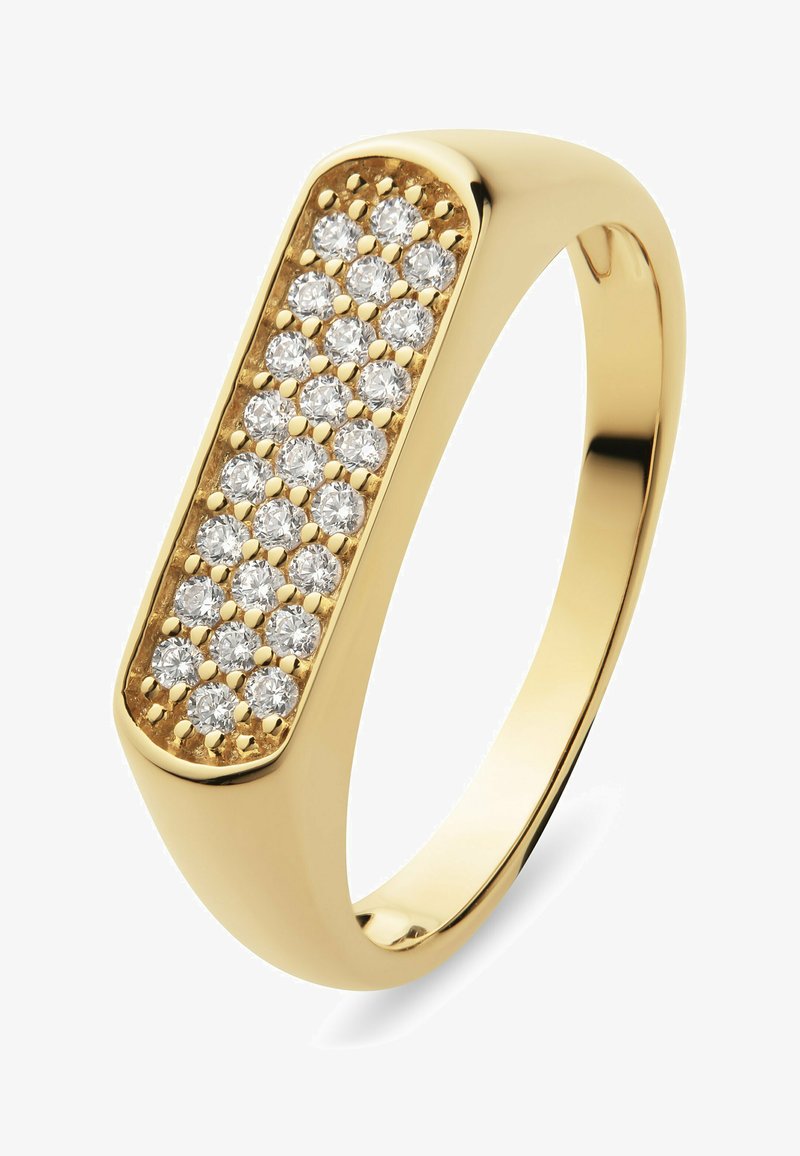 Anello in oro con un top rettangolare ornato da una griglia di piccoli diamanti tondi, con una fascia liscia e una finitura lucida.