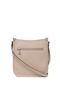 Borsa a tracolla in pelle beige con una texture liscia, chiusura superiore con zip, tracolla regolabile e tasca con zip sul retro. Design minimalista.