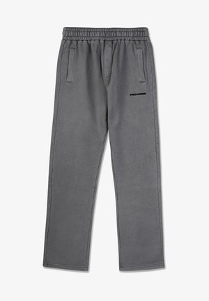 Gray sweatpants with an elastic waistband, side pockets, and "PEGADOR" logo in black on the left thigh. Soft, textured fabric.