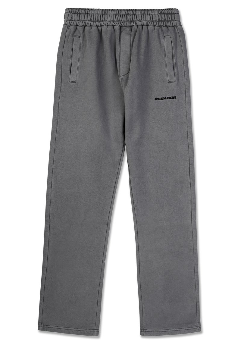 Graue Sweatpants mit elastischem Bund, seitlichen Taschen und schwarzem "PEGADOR"-Logo am linken Oberschenkel. Weicher, strukturierter Stoff.