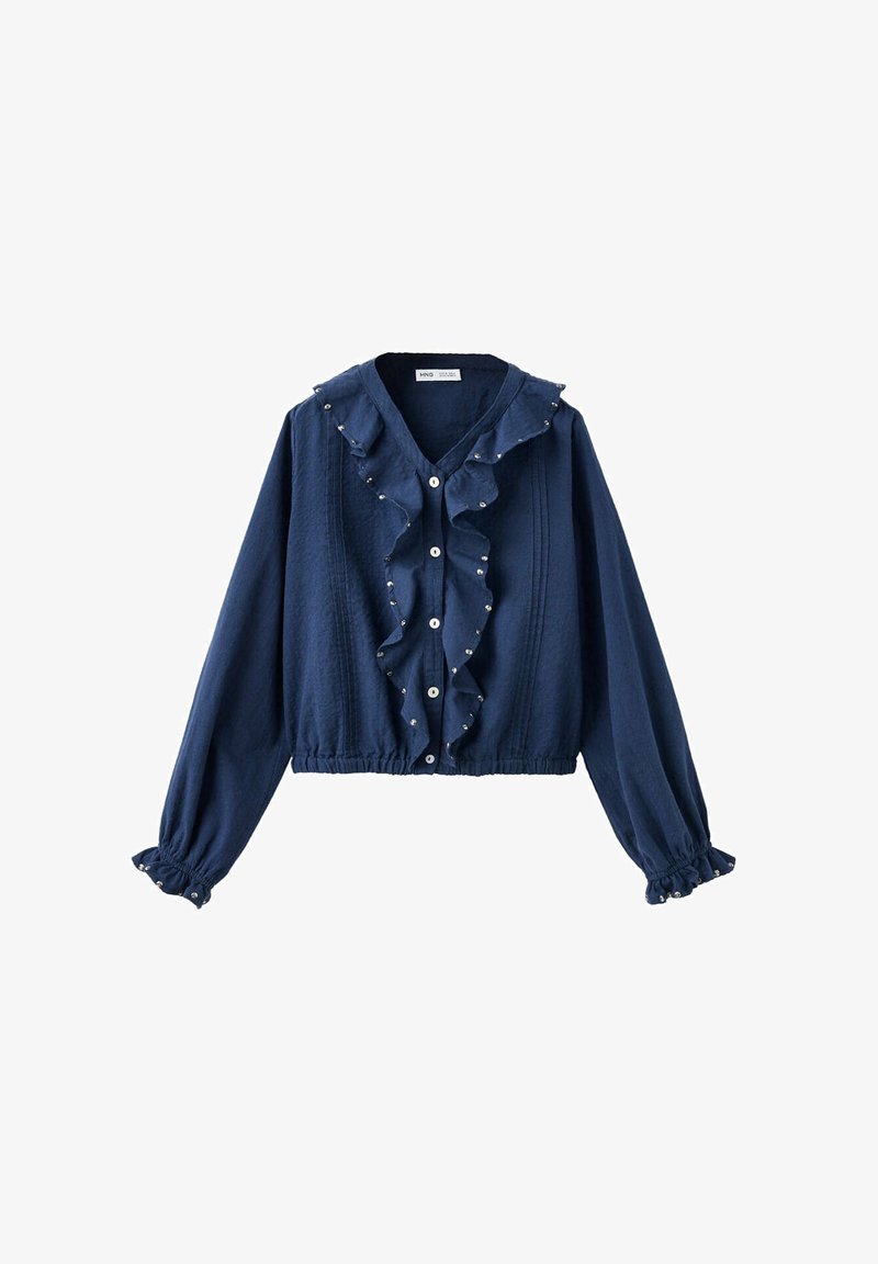Blouse bleu marine à manches longues avec volants sur le devant et perles semblables à des perles, fermeture à boutons, taille élastique et poignets volantés.