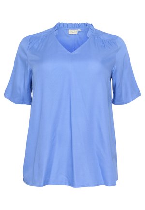 Blauwe blouse met korte mouwen, een V-hals en ruches bij de halslijn. Gemaakt van een soepele stof, heeft het een losse fit en subtiele plooien bij de schouders.