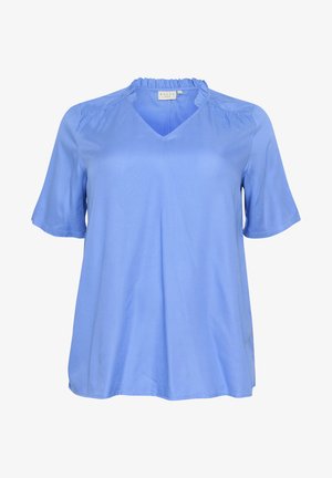 Blusa blu a maniche corte con scollatura a V e colletto arricciato. Realizzata in tessuto morbido, ha una vestibilità ampia e leggere arricciature sulle spalle.