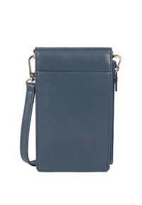 Borsa a tracolla in pelle blu con finitura texturizzata, dotata di chiusura a pattina magnetica, scomparto con zip e dettagli in hardware color oro.