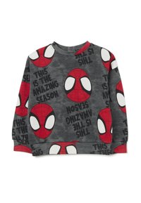 Grauer Sweatshirt mit roten Spider-Man-Gesichtern, weißen Augen und schwarzem Text, der "DAS IST DIE FANTASTISCHE SAISON" lautet, mit langen Ärmeln.