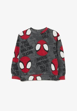 Grauer Sweatshirt mit roten Spider-Man-Gesichtern, weißen Augen und schwarzem Text, der "DAS IST DIE FANTASTISCHE SAISON" lautet, mit langen Ärmeln.