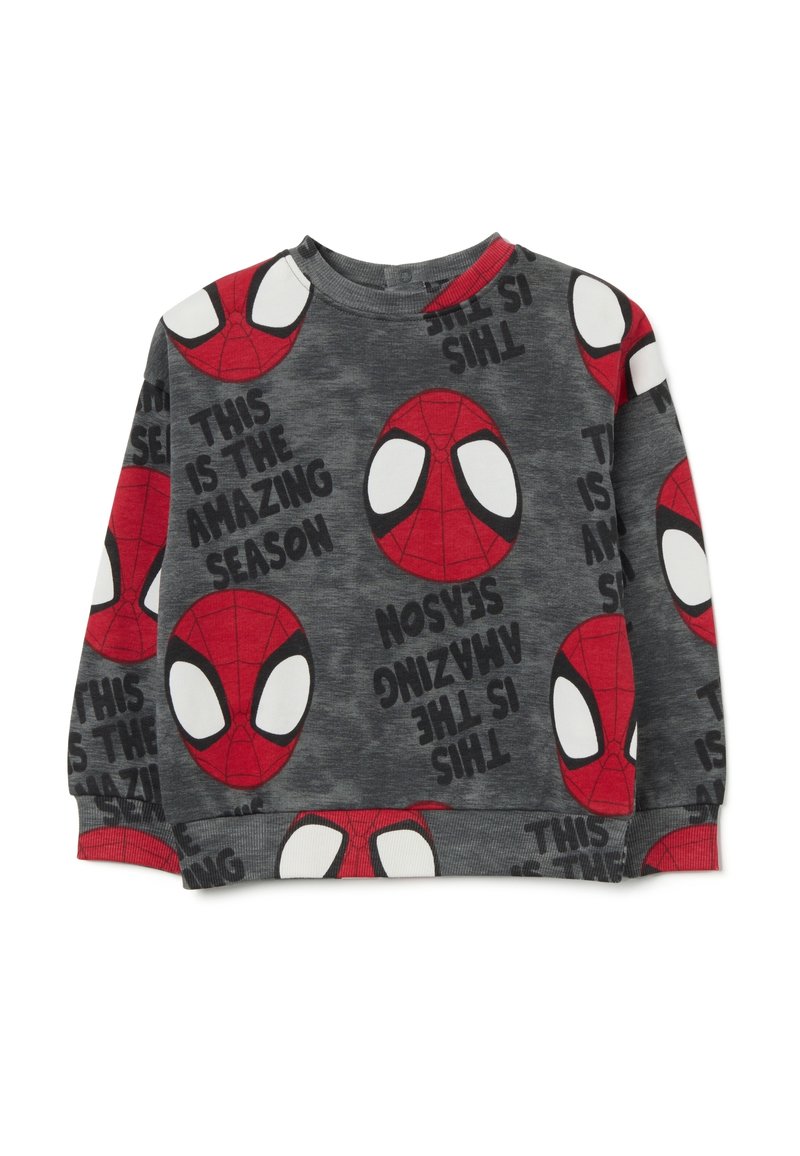Grauer Sweatshirt mit roten Spider-Man-Gesichtern, weißen Augen und schwarzem Text, der "DAS IST DIE FANTASTISCHE SAISON" lautet, mit langen Ärmeln.