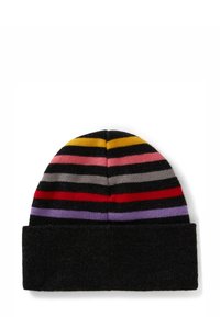 Cappello a maglia nero con risvolto e strisce orizzontali in giallo, rosa, grigio, rosso e viola vicino alla parte superiore.
