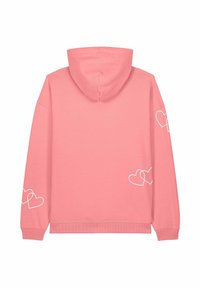 Rozā kapuces džemperis ar garām piedurknēm, kuram abās piedurknēs ir baltas sirds rakstainas. Izgatavots no mīksta auduma, ar ribotām malām un piedurknēm.