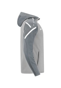 Grijze hoodie met een gladde stof, textuurdetails op de schouders en witte accenten. Inclusief zijzakken en een getailleerd ontwerp.