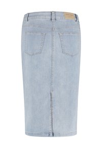 Light blue denim pencil skirt with back pockets and mid-length hem, featuring a slit at the back for ease of movement.