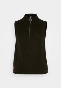 Ärmelloses dunkelgrünes Oberteil mit hohem Kragen, silbernem Reißverschluss und gerippter Textur. Gerade Saumkante ohne sichtbare Nähte.