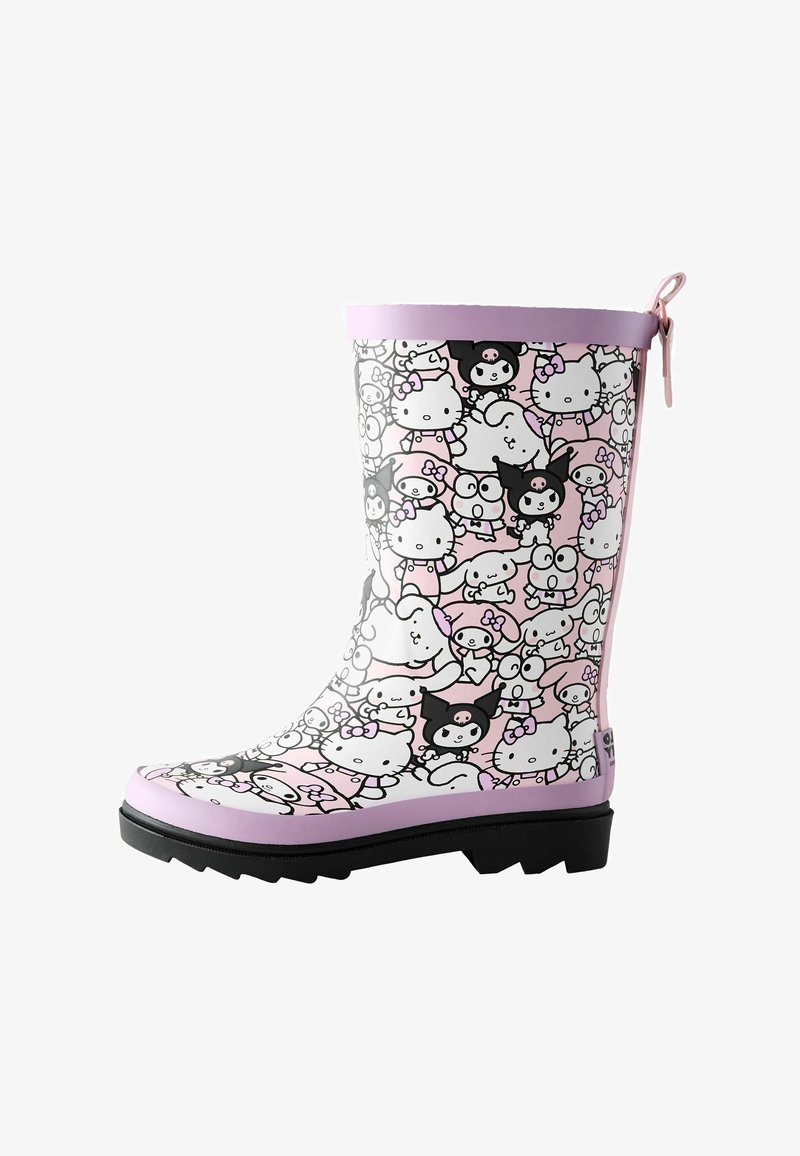 Kinder-Gummistiefel mit pinkem Besatz, schwarzer Sohle und durchgehend mit Cartoonfiguren, darunter Hello Kitty und Freunde, in Schwarz, Weiß und Pink.