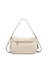 Borsa a mano color crema con superficie testurizzata, dotata di tasca con zip frontale, dettagli in hardware dorato e una sola tracolla.
