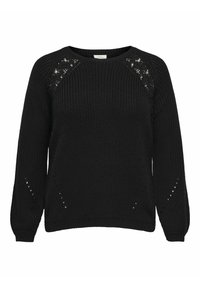 Svart tröja med en texturerad stickad mönster, med spetsdetaljer på axlarna och subtila utskärningar på ärmarna. Rundad halsringning och ribbad nederkant.