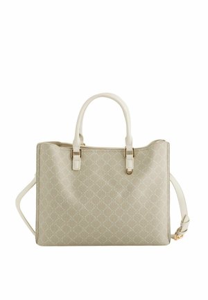 Beige rechteckige Handtasche mit dezentem Muster, zwei Griffen und abnehmbarem Schulterriemen mit goldfarbenen Metallakzenten.