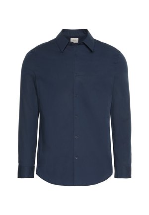 Camisa de vestir para hombre de manga larga azul marino con cierre de botones en el frente y cuello clásico, ajuste entallado.