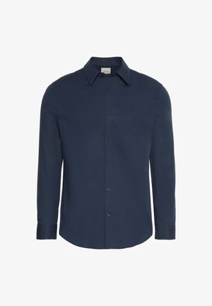 Moška srajca s klasičnim ovratnikom, dolgimi rokavi v mornarsko modri barvi, z zapenjanjem na gumbe spredaj, prilagojene kroja.