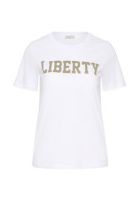 Camiseta blanca de tela suave con la palabra "LIBERTY" impresa en un dorado metálico y audaz en el pecho. Mangas cortas.