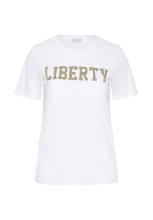 Biele tričko z mäkkej látky s nápisom "LIBERTY" v odvážnom metalickom zlatom prevedení cez hruď. Krátke rukávy.