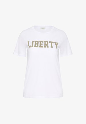 Weißes T-Shirt aus weichem Stoff mit dem Wort "LIBERTY" in fettem, metallisch-goldenem Aufdruck auf der Brust. Kurze Ärmel.