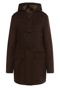 Brown hooded coat featuring toggle closures, two front pockets, and a textured fabric. The interior has a shiny, contrasting lining.