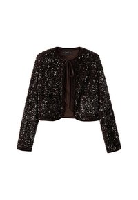Chaqueta de lentejuelas marrón con mangas largas, diseño corto, cuello redondo y cierre frontal con lazo. Textura suave con adornos brillantes por toda la prenda.