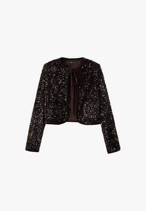 Chaqueta de lentejuelas marrón con mangas largas, diseño corto, cuello redondo y cierre frontal con lazo. Textura suave con adornos brillantes por toda la prenda.
