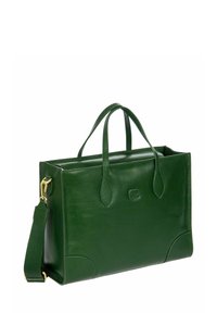 Sac fourre-tout en cuir vert avec des poignées arrondies, quincaillerie dorée et un design structuré. Caractéristiques : une sangle amovible et un détail de logo en relief.