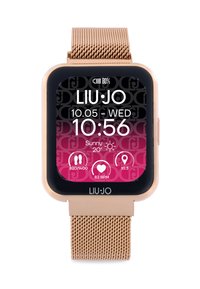 Smartwatch mit quadratischem Ziffernblatt, goldfarbenem Metall-Mesh-Armband und einem bunten digitalen Display, das Uhrzeit, Datum und Gesundheitsdaten anzeigt.