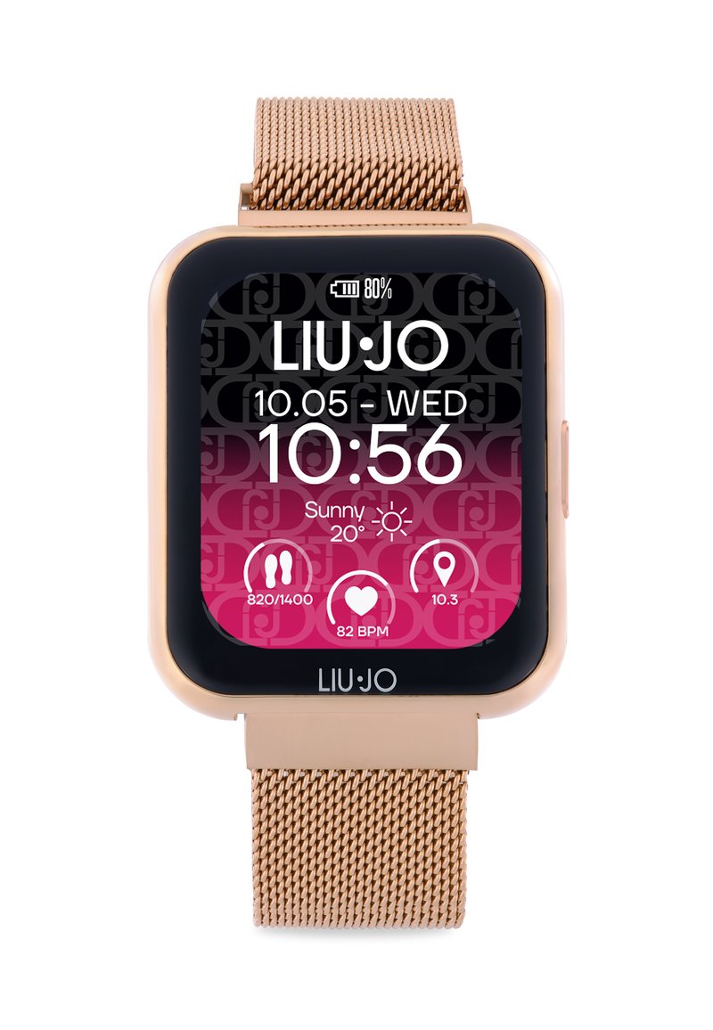 Smartwatch mit quadratischem Ziffernblatt, goldfarbenem Metall-Mesh-Armband und einem bunten digitalen Display, das Uhrzeit, Datum und Gesundheitsdaten anzeigt.