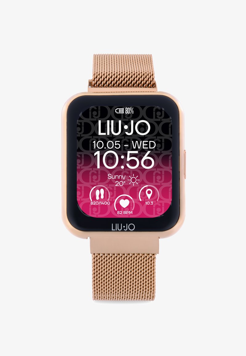 Smartwatch mit quadratischem Ziffernblatt, goldfarbenem Metall-Mesh-Armband und einem bunten digitalen Display, das Uhrzeit, Datum und Gesundheitsdaten anzeigt.