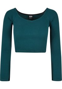 Tyrkysový crop top vyrobený z žebrované látky, s dlouhými rukávy a širším výstřihem pro úzký střih. Štítek ukazuje název značky "Urban Classics."