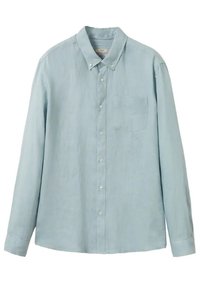 Jasnoniebieska lniana koszula na guziki z kołnierzykiem, długimi rękawami, pojedynczą kieszenią na piersi i delikatną fakturą. Posiada siedem guzików z przodu.
