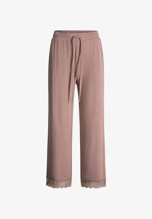 Licht mauve losse loungebroek met trekkoord in de taille en kanten afwerking aan de zoom tegen een witte achtergrond.