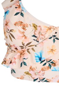 Blommig bikinitopp i ljusbeige med rosa, blå och gröna blommor. Har volangdetaljer och en mjuk tygtextur.