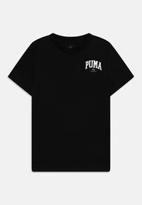 Černé bavlněné tričko s krátkým rukávem, kulatým výstřihem a bílým logem "PUMA" na levé straně hrudi. Hladká textura, jednoduchý design.