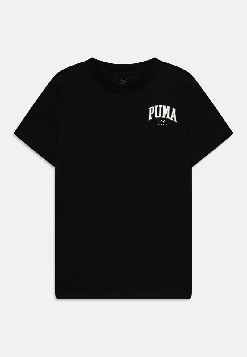 Zwarte katoenen t-shirt met korte mouwen, ronde hals en wit "PUMA" logo op de linkerkant van de borst. Gladde textuur, eenvoudig design.