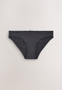 Culotte bikini noire pour femmes avec un petit nœud au centre de la ceinture, posée à plat sur un fond neutre.