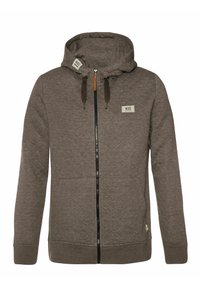 Sweatshirt à capuche zippé en tissu gris foncé avec une texture matelassée, deux poches avant, étiquette de marque et accents en cordon brun.