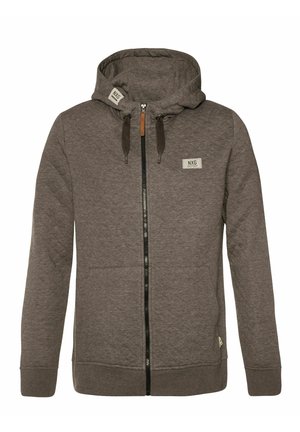 Hooded zip-up sweatshirt van donkergrijze stof met een geborduurd textuur, twee voorzakken, merklabel en bruin koordaccenten.
