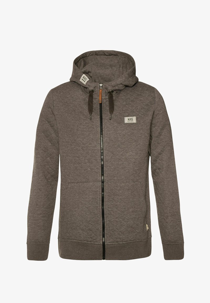 Sweatshirt à capuche zippé en tissu gris foncé avec une texture matelassée, deux poches avant, étiquette de marque et accents en cordon brun.