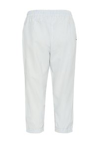 Vaaleansiniset ja valkoiset raidalliset housut, jotka on valmistettu kevyestä kankaasta. Niissä on joustava vyötärö ja hihansuut, rento istuvuus sekä sivutaskut.