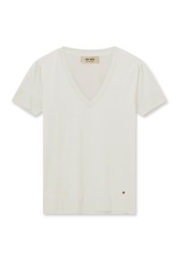 Vit kortärmad V-ringad t-shirt med ribbad struktur, med volangärmar och en liten logodetalj vid fållen.