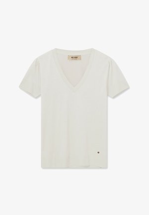 Biała krótka koszulka z rękawami typu V z prążkowanej tkaniny, z bufkowymi rękawami i małym logo na dole.