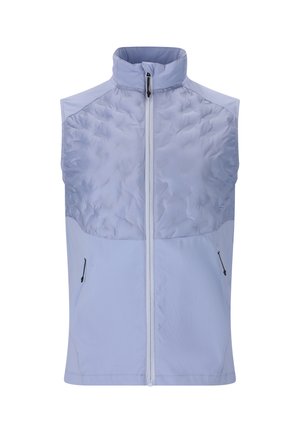 Hellblaues ärmelloses Westchen mit einem gesteppten oberen Vorderteil, glatten unteren Bereichen, Front-Reißverschluss und zwei seitlichen Taschen mit Reißverschlüssen.