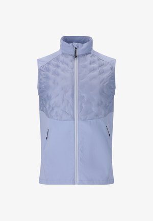 Lichtblauw mouwloos vest met een gestikt bovenstuk, gladde onderstukken, een rits aan de voorkant en twee zijzakken met ritsen.