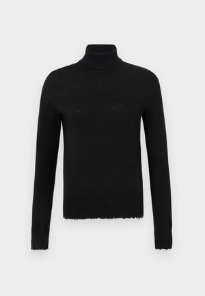 Pull à col roulé noir avec manches longues, bords effilochés à l'encolure et au bas, fabriqué dans un tissu doux et léger.