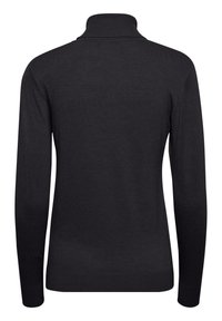 Schwarzer Langarm-Turtleneck-Pullover, von hinten gezeigt, mit einer figurbetonten Silhouette und gerippten Bündchen und Saum.